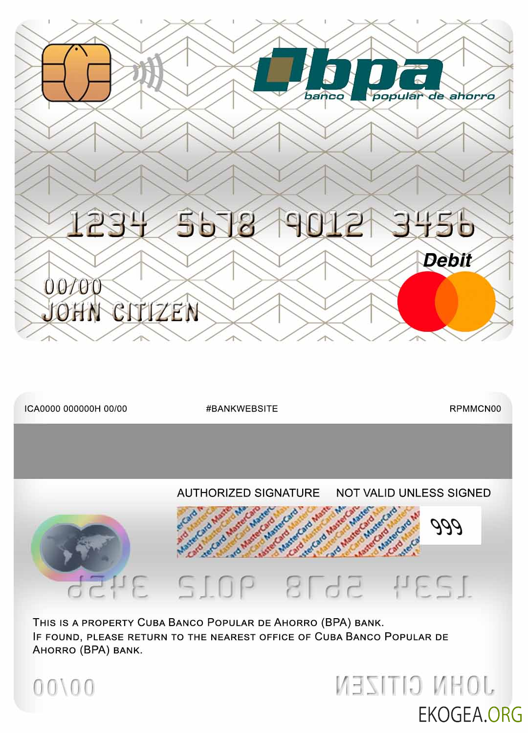 Carte de débit principale de la banque Cuba Banco Popular de Ahorro (BPA)